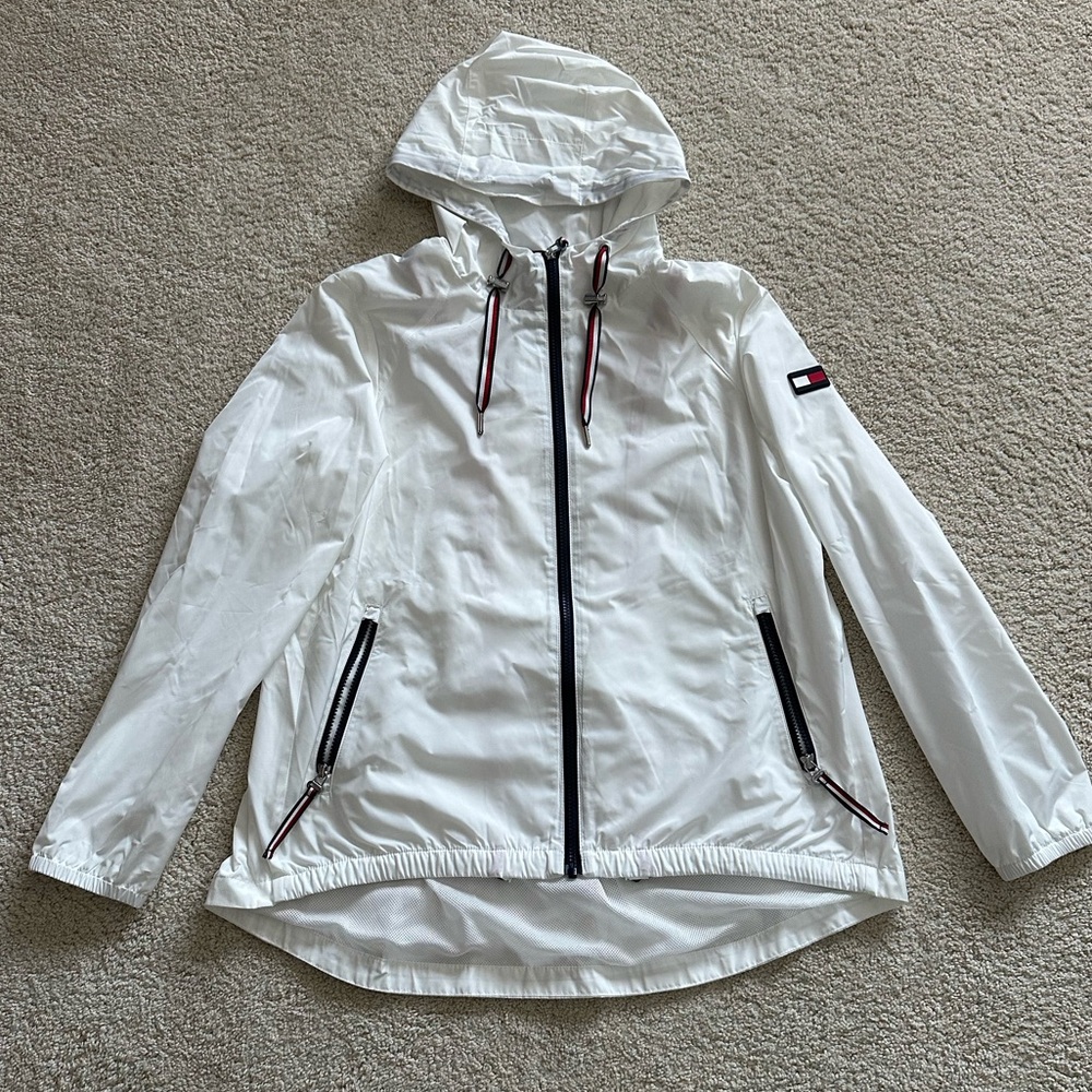 Tommy Hilfiger White Full Zip Hooded Windbreaker Jacket with Black Accents